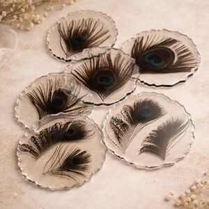 Set of 6 Clear Epoxy Coasters with Real Peacock Feathers Design